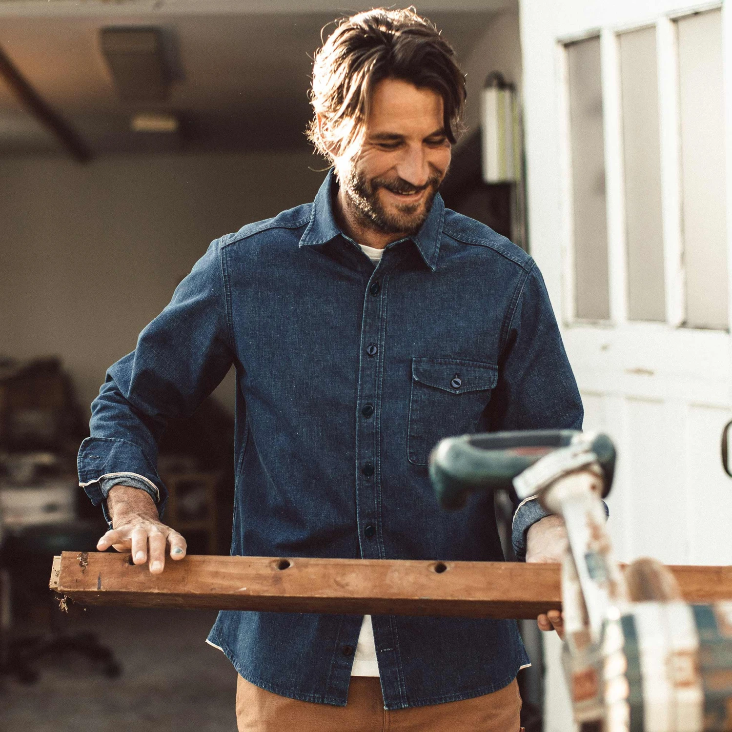 The Cash Shirt In Washed Selvage Denim - Image 3
