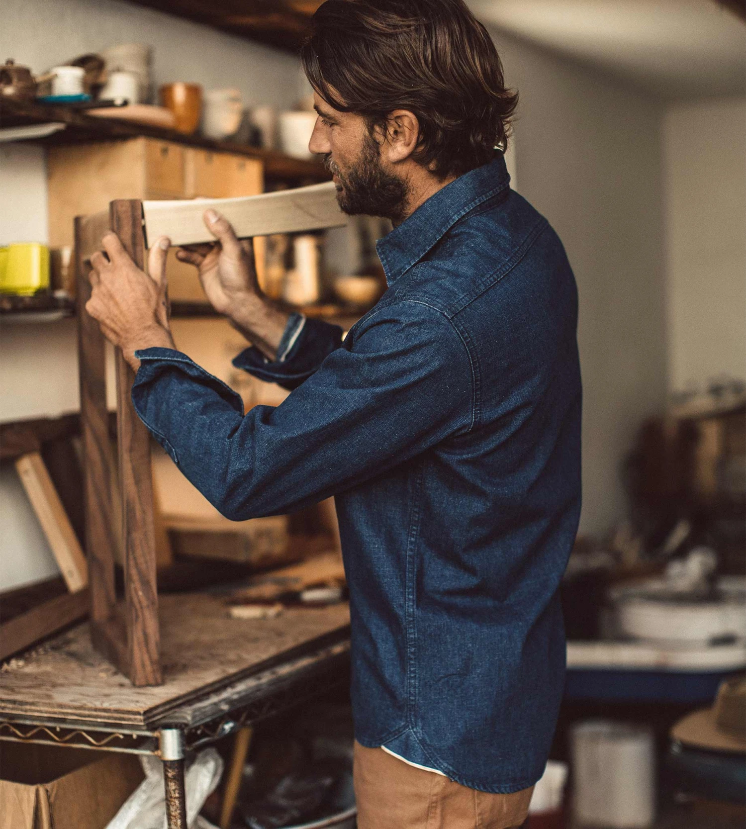 The Cash Shirt In Washed Selvage Denim - Image 2