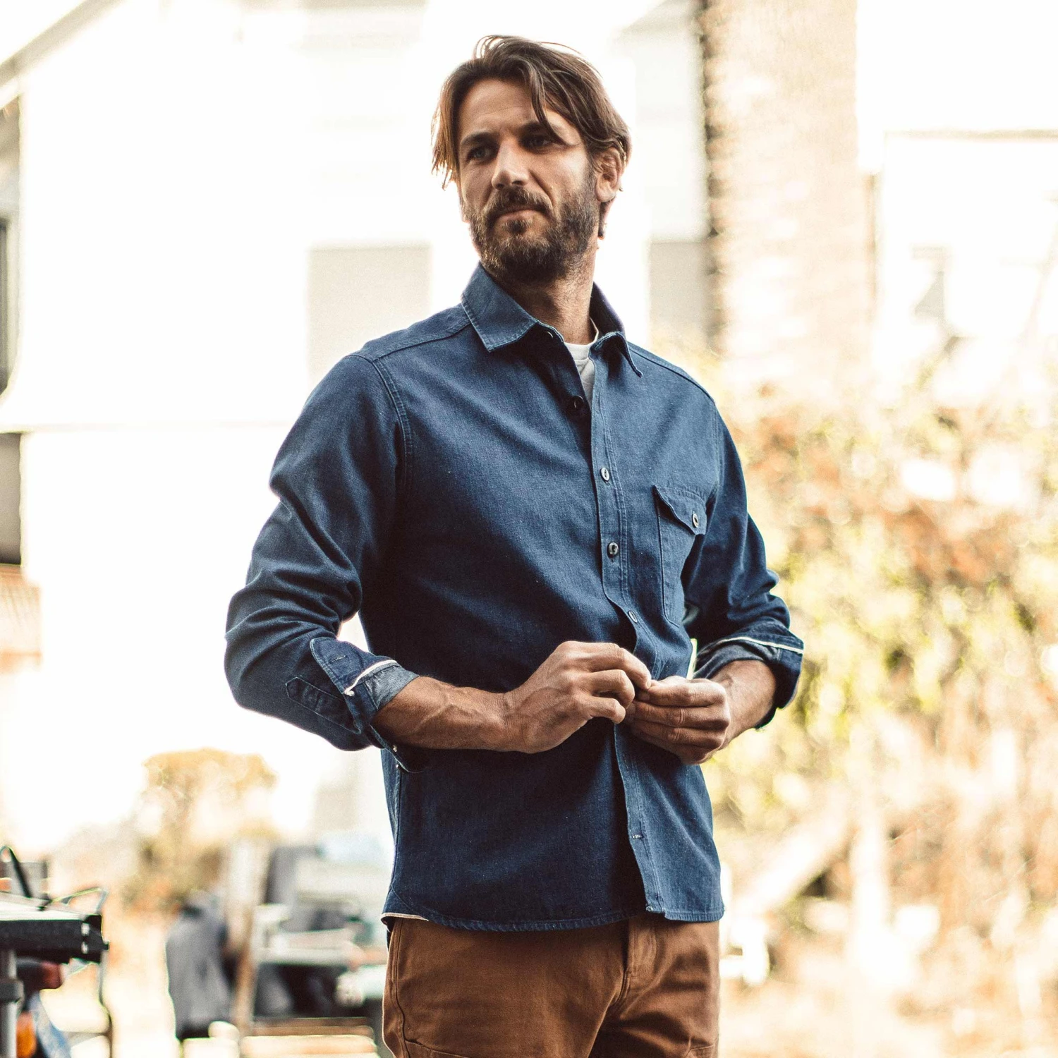 The Cash Shirt In Washed Selvage Denim - Image 5