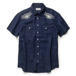The Embroidered Short Sleeve Western In Indigo Linen