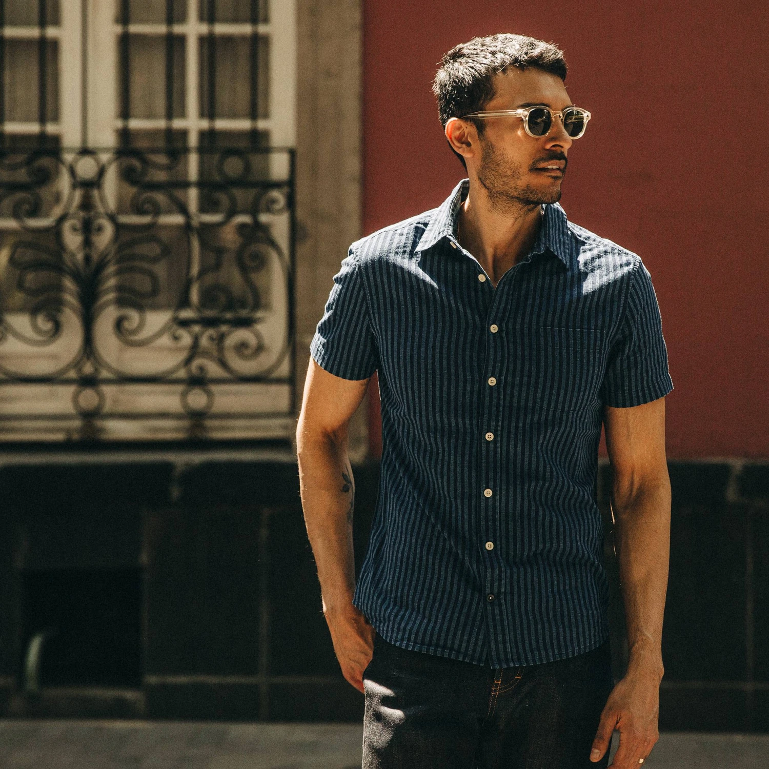 The Short Sleeve California In Indigo Jacquard Stripe - Image 3