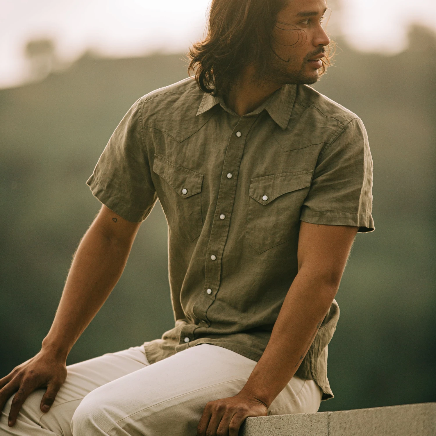 The Short Sleeve Western In Olive Linen - Image 2