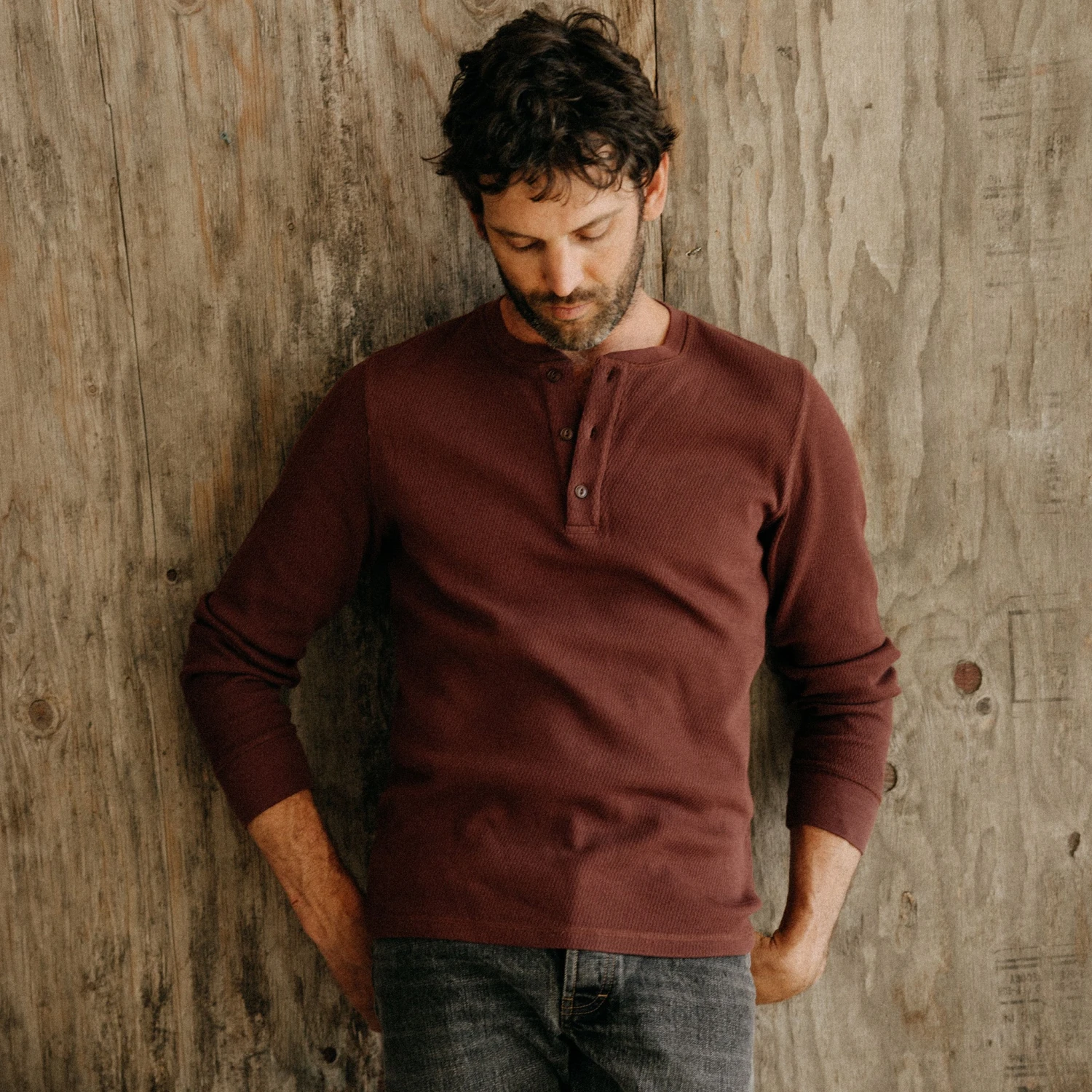 The Organic Cotton Waffle Henley In Burgundy - Image 2
