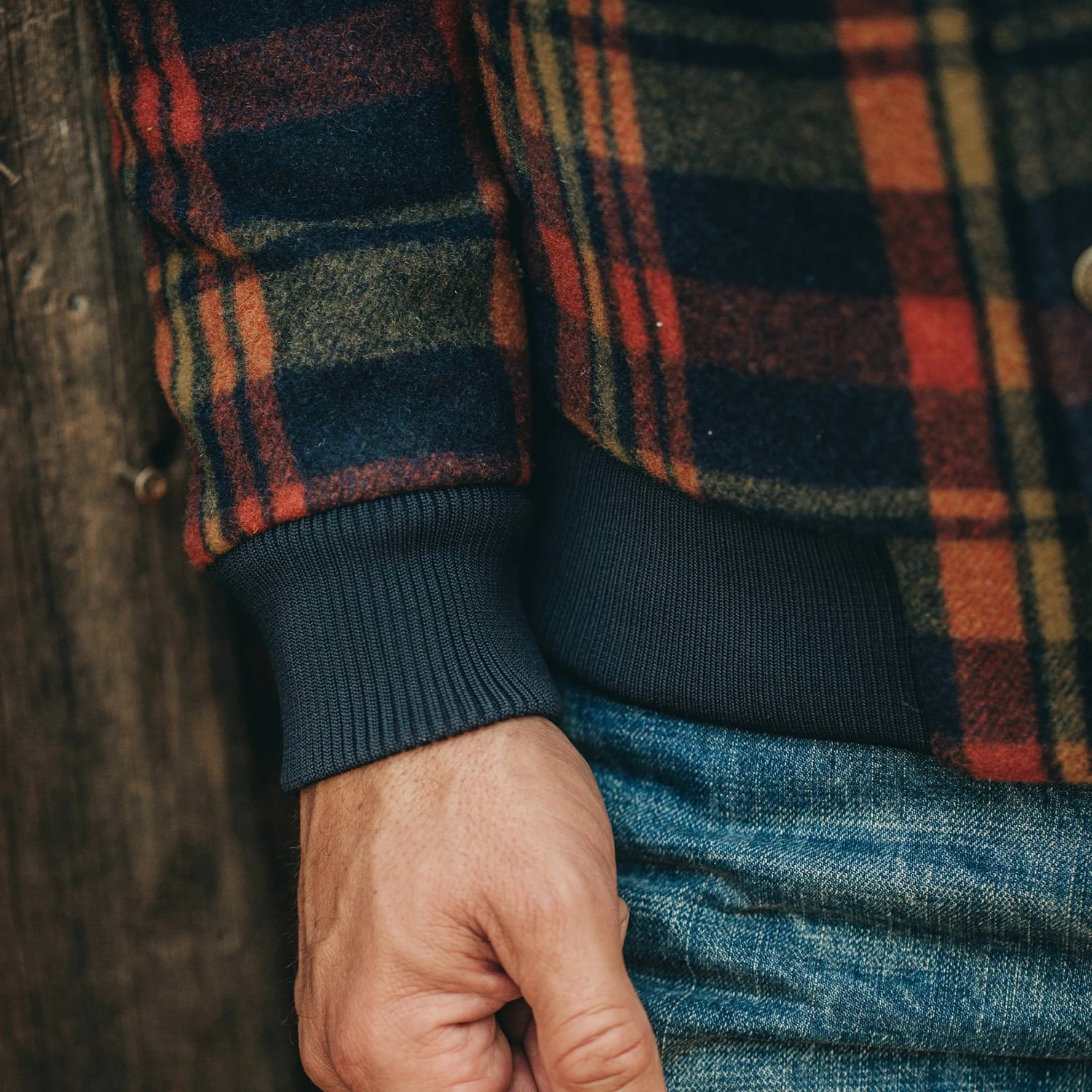 None The Bomber Jacket In Navy Plaid Wool - Image 5