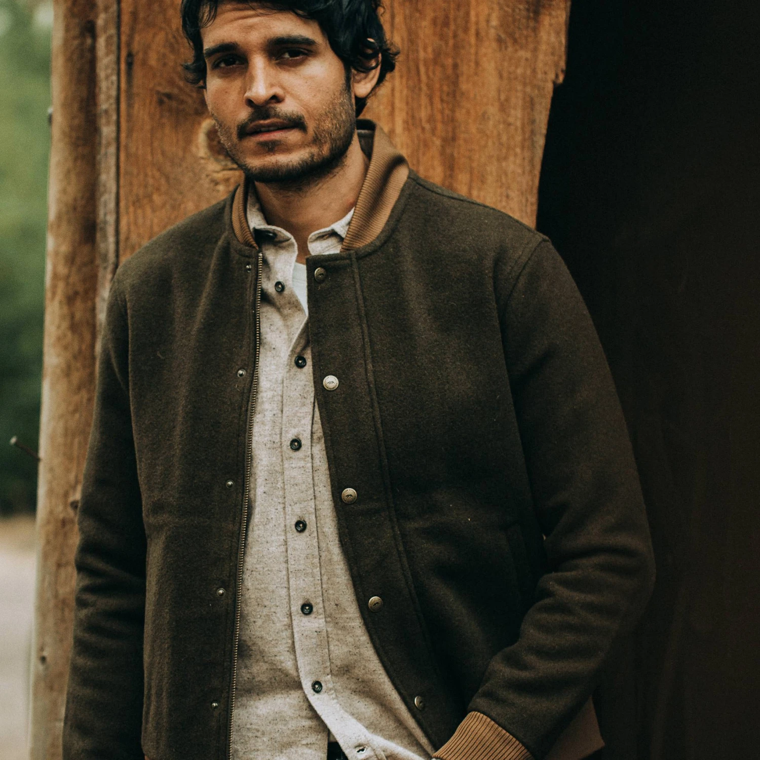 None The Bomber Jacket In Olive Wool - Image 3