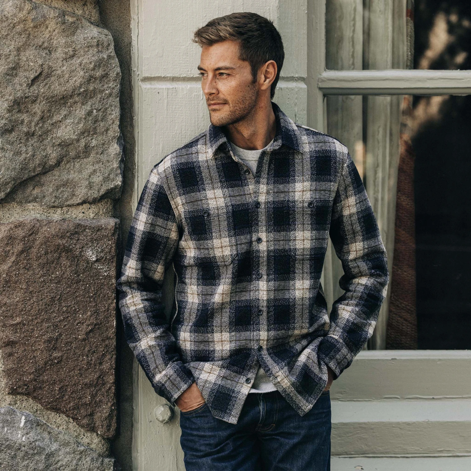 The Utility Shirt In Navy Jaspe Herringbone Plaid - Image 2